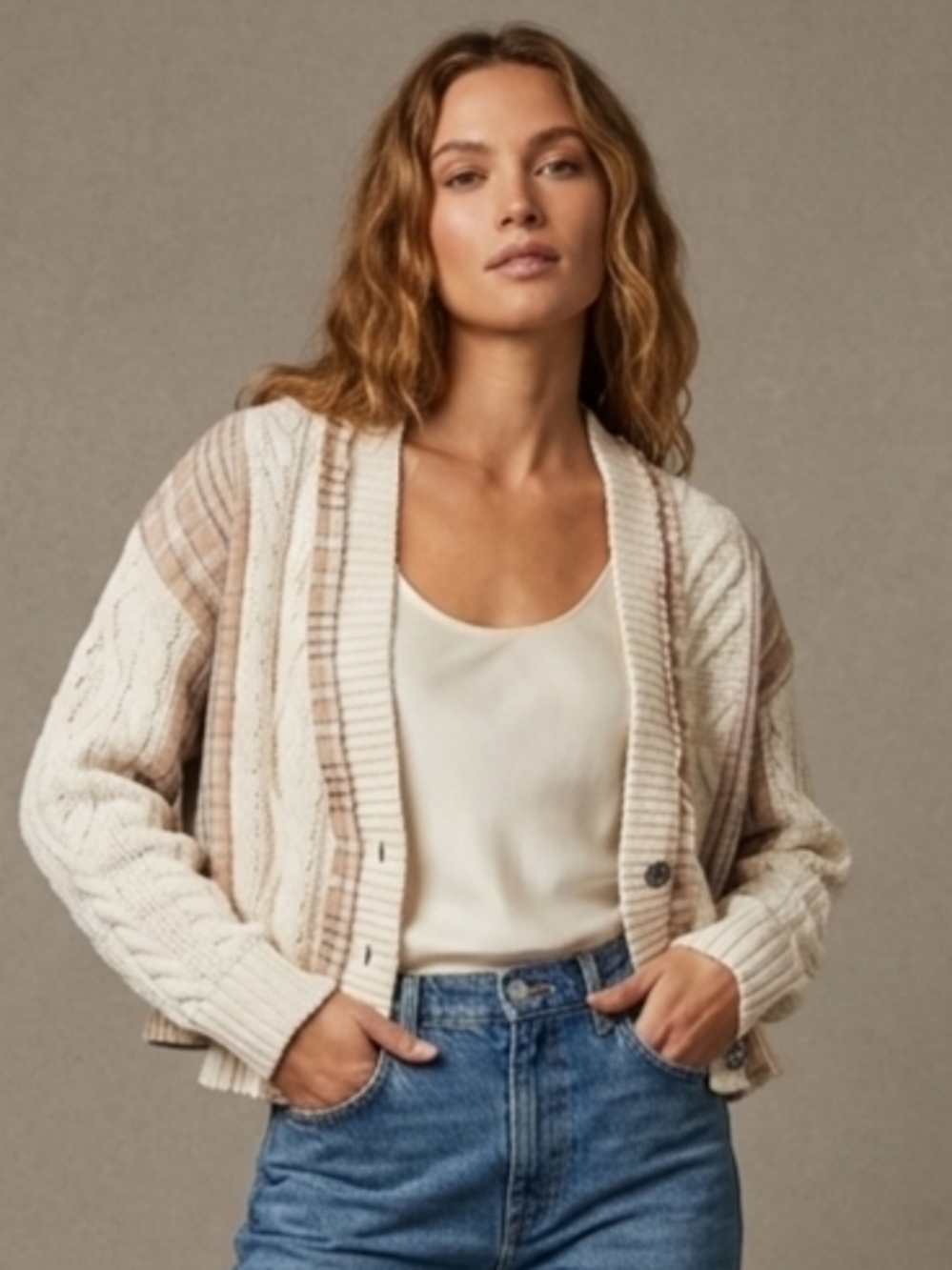 POL Cream and Pink Plaid Cable Knit Cardigan